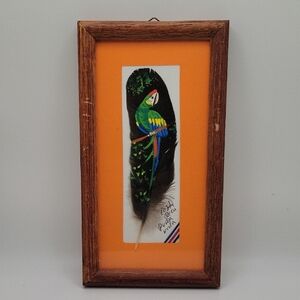 Colorful Parrot Feather Art in Wooden Frame